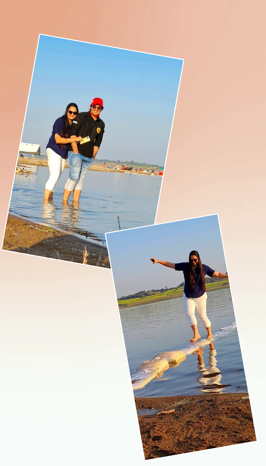 Heena on a balancing binge.  With her son Nikunj in the river, the water was very cold.